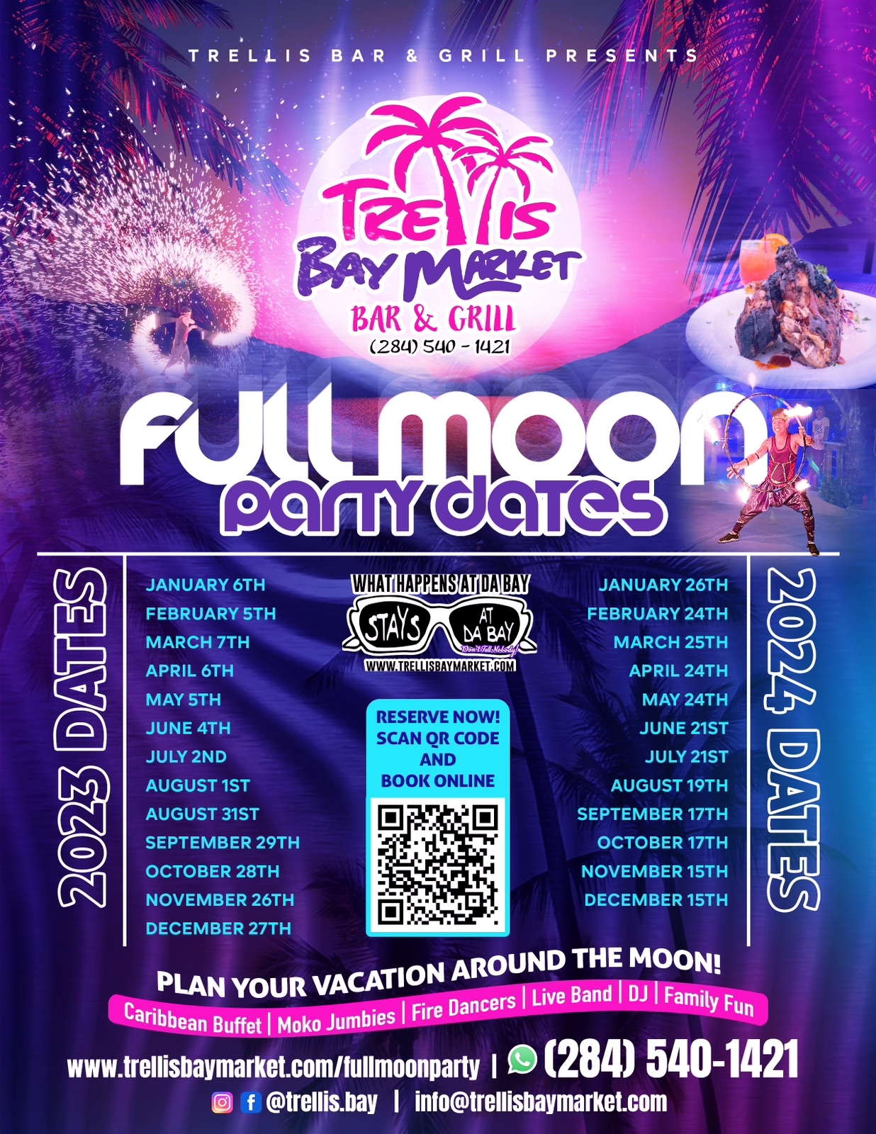 FULL MOON Party Caribbean Buffet Moko Jumbies Fire Dancers Live Band DJ